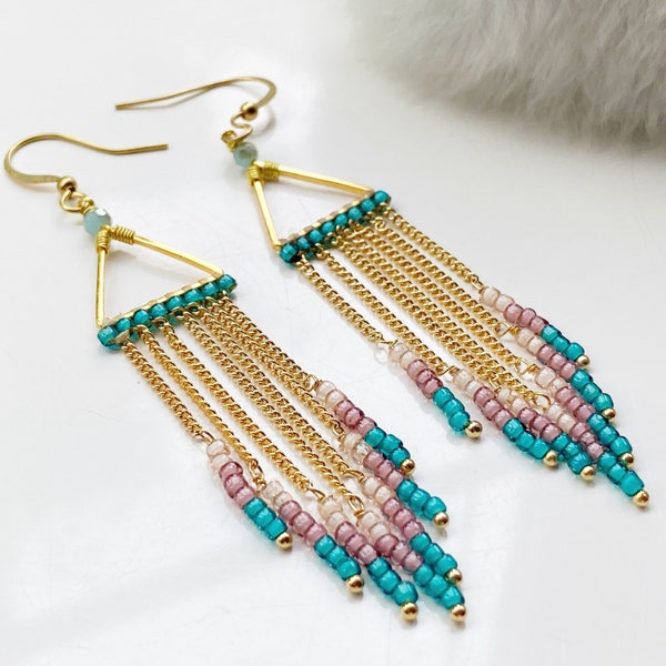 Pink mint long fringed earrings, Gifts for her , delicate festival fashion jewellery.