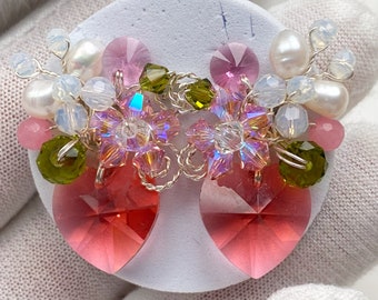 Pink Crystal Pearl sparkle earrings handmade for wedding party guest fashion jewellery occasions