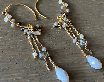 Water Fall Grey and Dark Gold dangle crystal earring