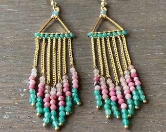 Colourful long delicate fringed earrings. Gifts for her , boho fashion jewellery.