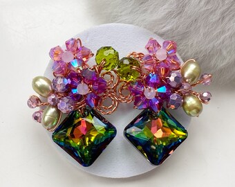 Fall Autumn occasion fashion accessories pink green Peacock square crystal earrings gifts for her autumn jewellery.