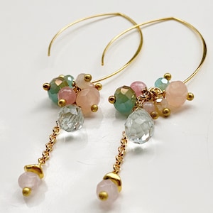 Pastel blue pale pink dangle earrings, crystal jewellery, gifts for her , hoop earrings. image 2