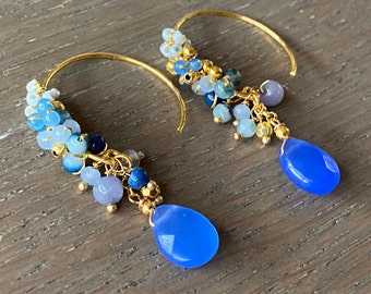 Blue and Gold hoop dangle stone earrings, fashion accessories