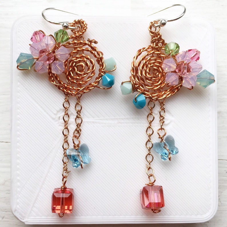Spiral Jewelry Pastel colours earrings Boho jewelry Floral jews Wire work jewelry Long Earrings Chandelier earrings Chic gifts