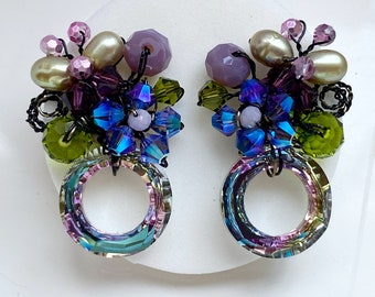 Peacock Earrings, flower crystal and pearl earrings, peacock jewellery for women .