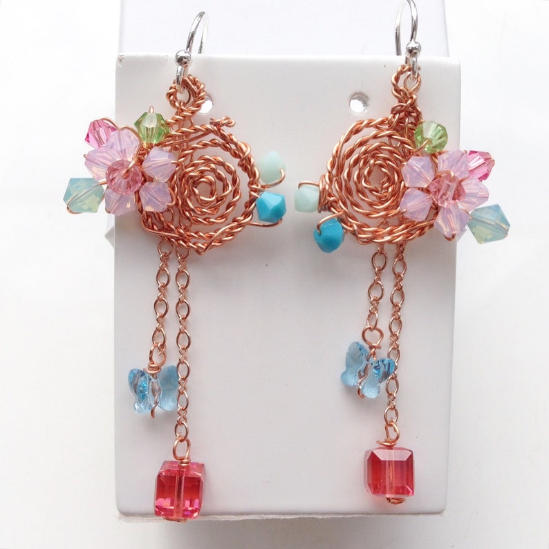Spiral Jewelry Pastel colours earrings Boho jewelry Floral jews Wire work jewelry Long Earrings Chandelier earrings Chic gifts