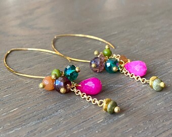 Bright pink dangle earrings beads gemstone  earrings, gifts for her ,long hoop earrings.