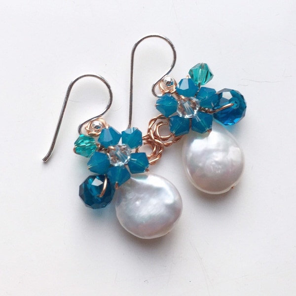 Baroque pearl earrings, coin pearl earrings ,blue  earrings , Pearl Earrings  , Floral Earrings , wedding earrings , bridesmaid gifts