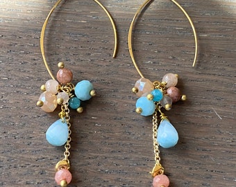 Cloudy Blue and peach dangle hoop earrings, beads  gemstone jewellery,  gifts for her