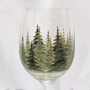 Pine Trees Wine Glass Hand Painted Evergreens Forest Summer Wine Glass