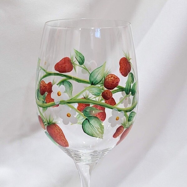Strawberries Wine Glass, Hand Painted, Strawberry vine, Summer Wine