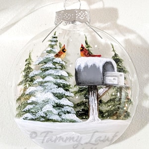 Hand Painted Cardinal Mailbox Glass Ornament Winter Snowy Landscape Scene