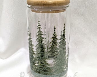 Hand Painted Evergreen Pine Tree Glass Tumbler with Bamboo Lid & Straw