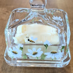 Hand Painted Glass Butter Dish Daisies with Bees