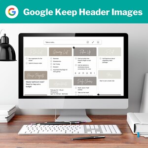 May include: A computer monitor displays a Google Keep header image with various to-do lists, grocery lists, and reminders. The screen shows notes for tasks like buying organizers, grocery items, and appointments. A keyboard and pens are in the foreground.