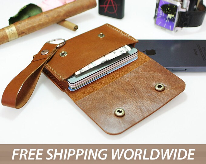 Leather Wallet With Keychain Leather Card Holder Slim Etsy