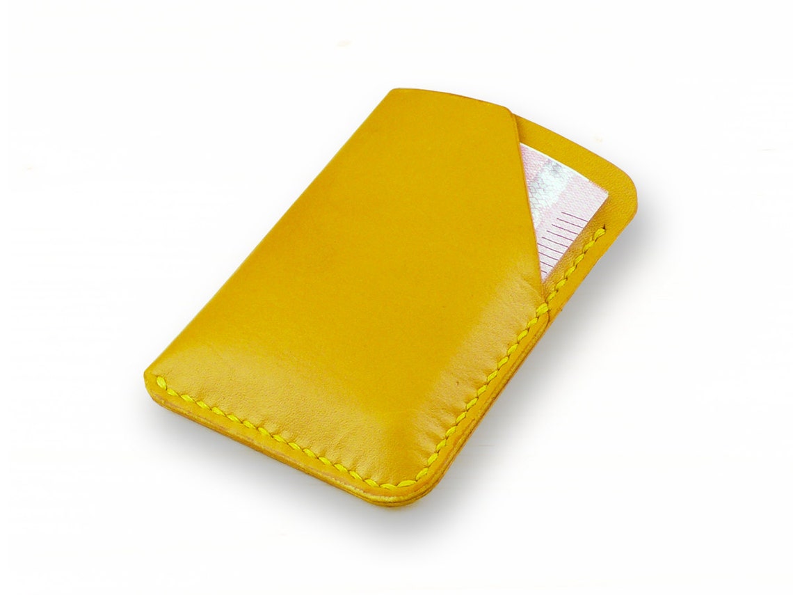 Pocket Wallet Leather Card Holder Yellow Mini Leather Etsy
