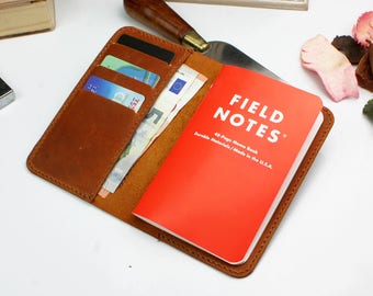 Monedero Field Notes Wallet, cartera de cuero Notebook, Field Notes enobrada cubierta de libros de cuero bronceado