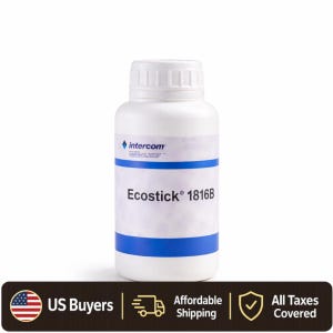May include: A white plastic bottle with a white cap. The bottle has a blue stripe and the text "Ecostick 1816B". The brand name "intercom" is above the text. The image also includes a banner with text and a US flag.