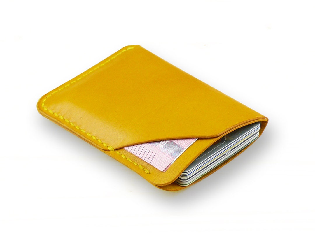 Pocket Wallet, Leather Card Holder, Yellow Mini Leather Wallet, Free