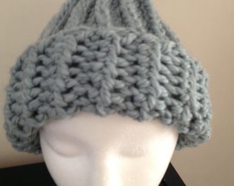 Gray wool chunky Hat, pompom hat,  Adult, Unisex hat