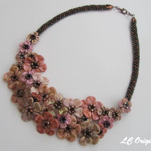 PINK FLOWERS wire wrapped beadwork bib necklace
