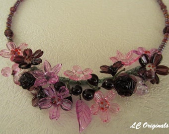 PURPLE and PINK FLOWERS wire wrapped glass necklace