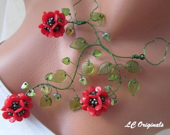 WILD RED POPPIES wire wrapped and beadwork necklace