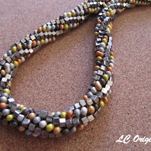 PASTEL COLORS and metallic grey cubes beaded rope necklace