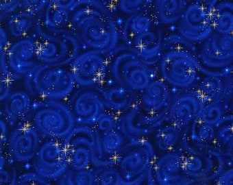 1/4+ Yard Gold Stars Swirls - Blue Cotton Fabric By the 1/4 Quarter Yard or 1/2 Yard - Face Masks Quilting