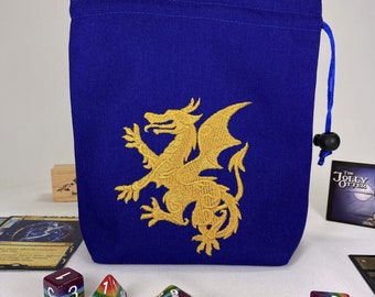 Dice Bag, Flat Bottom with Embroidered Golden Dragon on Blue, 6.5x7.5x2, Drawstring Closure