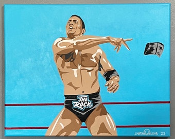 16"x20" ORIGINAL "If You Smell What The Rock Is Cooking!" acrylic on canvas PAINTING - The Rock Dwayne Johnson Pop Art wwf wwe wrestling