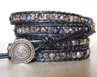 Boho silver black bling wrapped bracelet/ Rocker girl Czech glass bead 5 wrap/  Gypsy bohemian leather ladder yoga bracelet
