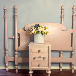 PINK NOW  Hand painted headboard  and matching dresser Full bedframe real wood . Gold and  soft pink bedroom set