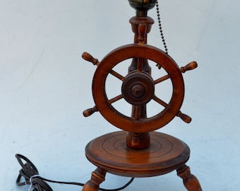 American Colonial Style Wood Vintage Nautical Ships Wheel Table Lamp