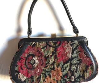 1950s Structured Carpet Bag with Needlepoint panels