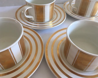 1980s Fifth Avenue Mikasa by Laurie Gates Gold White Stripe cup saucer set of four