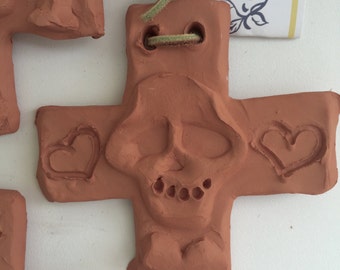 Day of the Dead Handmade Skull Cross with Heart Original Art by Latina Artist Cristina Acosta