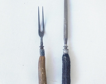 Antique stag antler, serving fork and knife sharpener