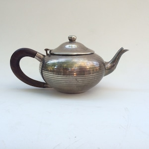 English Vintage Teapot with Hinged Lid, Wood Handle, Silverplate