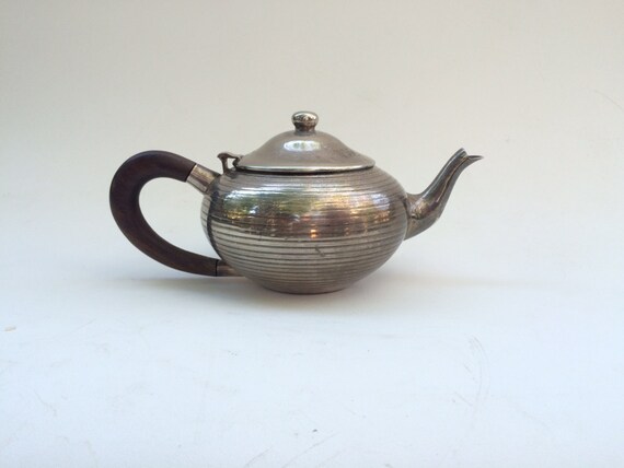 English Vintage Teapot with Hinged Lid Vintage white enamel teapot with hinged