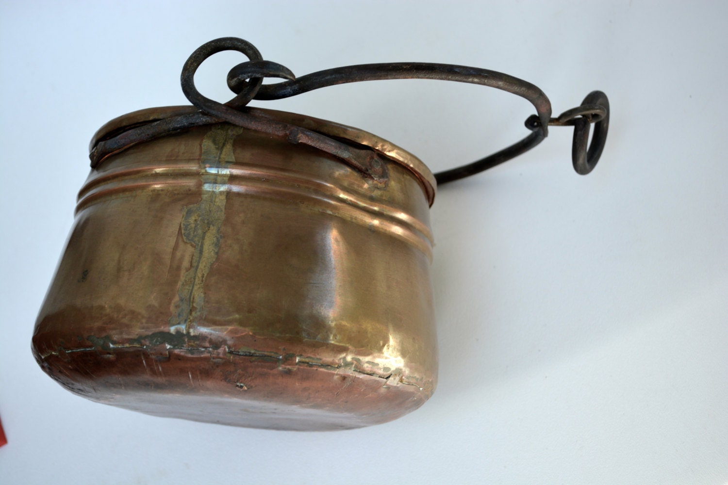 Antique Hamered Hanging Copper Cook Pot With Wrought Iron Hanger and