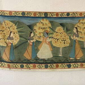 Radha and Lord Krishna vintage hand painted cotton muslin Pattachitra painting