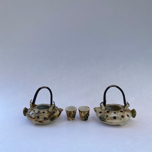 Hand Painted Japanese Ceramic Set of 2 Fugu Pufferfish pitchers with cups