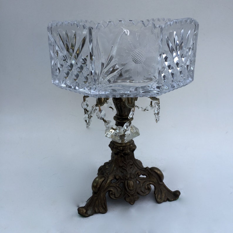 Bronze Pedestal Vintage Cut Crystal Compote Serving Bowl Etsy
