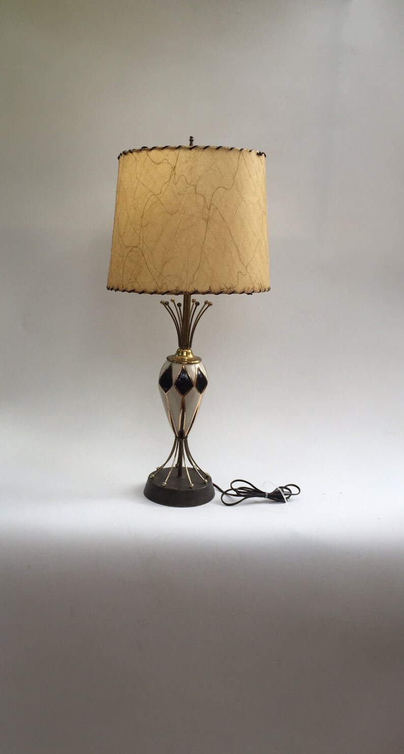 Original Mid Century Modern Harlequin Table Lamp With Whipstitched Resin Shade