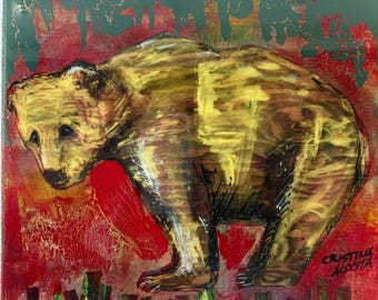 Brown bear in short green grass collage original painting by Cristina Acosta