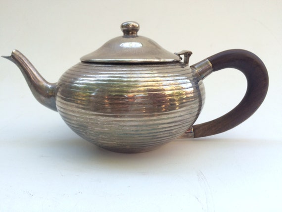 English Vintage Teapot with Hinged Lid Vintage white enamel teapot with hinged