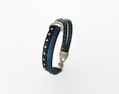 Blue and Black Stud Bracelet made with Premium Leather, Moon Leather Bracelet, Silver Plated Bracelet allergy free, Handmade in Portugal