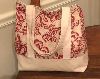 Red & Beige Floral Large Tote Bag / Canvas Fabric Beach Tote / Handmade Purse / 3 Interior - 2 Exterior Pockets